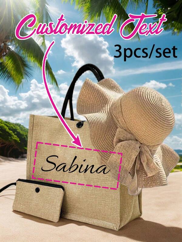 Customized Name Tote Bag, Zipper Bag + Holiday Style Hat, Large Tote Bag, Travel Tote Bag, Work Tote Bag, Beach Tote Bag With Hat, Small Bag With Zipper, Suitable For Business Trips, Beach Vacations, Students Going To School, Tote Bag Gifts For Women, Girls, Bridesmaids, Christmas Gifts Are A Good Choice,All-Purpose,Large Capacity,Versatile,Multifunction,Colorful,Cute,Adorable,Contracted,Funny,Kawaii,Y2K,Minimalist,Commuting,Business Casual,Basics,Custom,Personalized,Unique,Customized,Ideal Gifts For Him,Ideal Gifts For Her,Her,Family,Friends,Girlfriend,For Anniversaries,For Birthdays,For Holiday/ Vacation,For Outdoors/Outings/Travel/Hiking/Stadium/Sports/Climbing,For Business/Commute/Work/Office