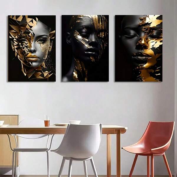 1/3 STUKS Wandkunst Posters Moderne Afrikaanse Vrouwen Gouden Canvas Kunstset - Frameloos/Ingelijst Afdrukken, Geschikt voor Woonkamer, Slaapkamer, Thuiskantoor Decoratie - Mode Cadeau voor Kunstliefhebbers Frameloos/Met Lijst