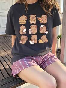 T-shirt col rond manches courtes avec imprimé graphique amusant, décontracté pour les préadolescentes, Top d'été - Gris foncé - Voir 1