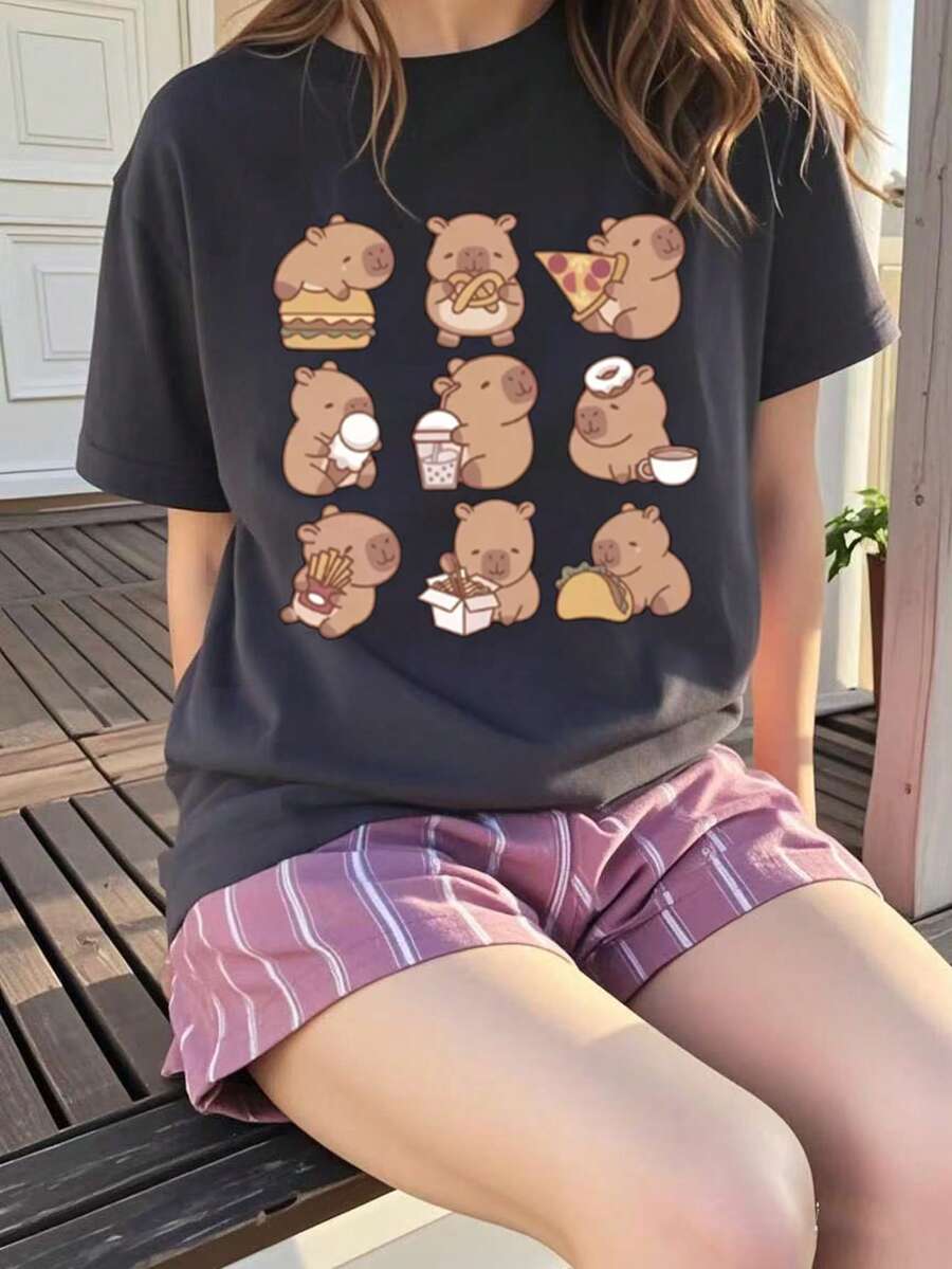 T-shirt col rond manches courtes avec imprimé graphique amusant, décontracté pour les préadolescentes, Top d'été - Gris foncé - Voir 1