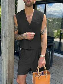 INCERUN Men V-Neck Buttons Sleeveless Tank Tops Vest Shorts Pants Summer Holiday Casual 2PCS Sets Outfits - màu đen - Xem 2