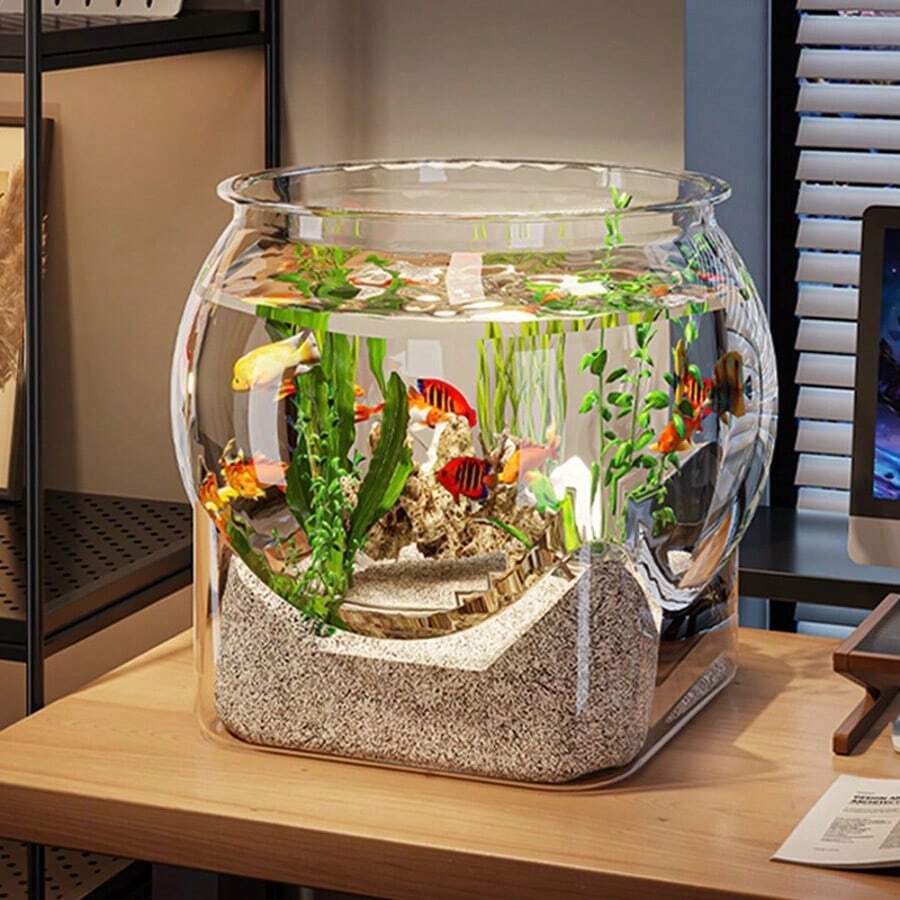 Pecera circular transparente, acuario de escritorio pequeño antiderrames para pez de colores, pecera pequeña para paisajismo de peces de colores para oficina, sala de estar, hogar, acuario transparente y creativo antiderrames - transparente - Ver 1