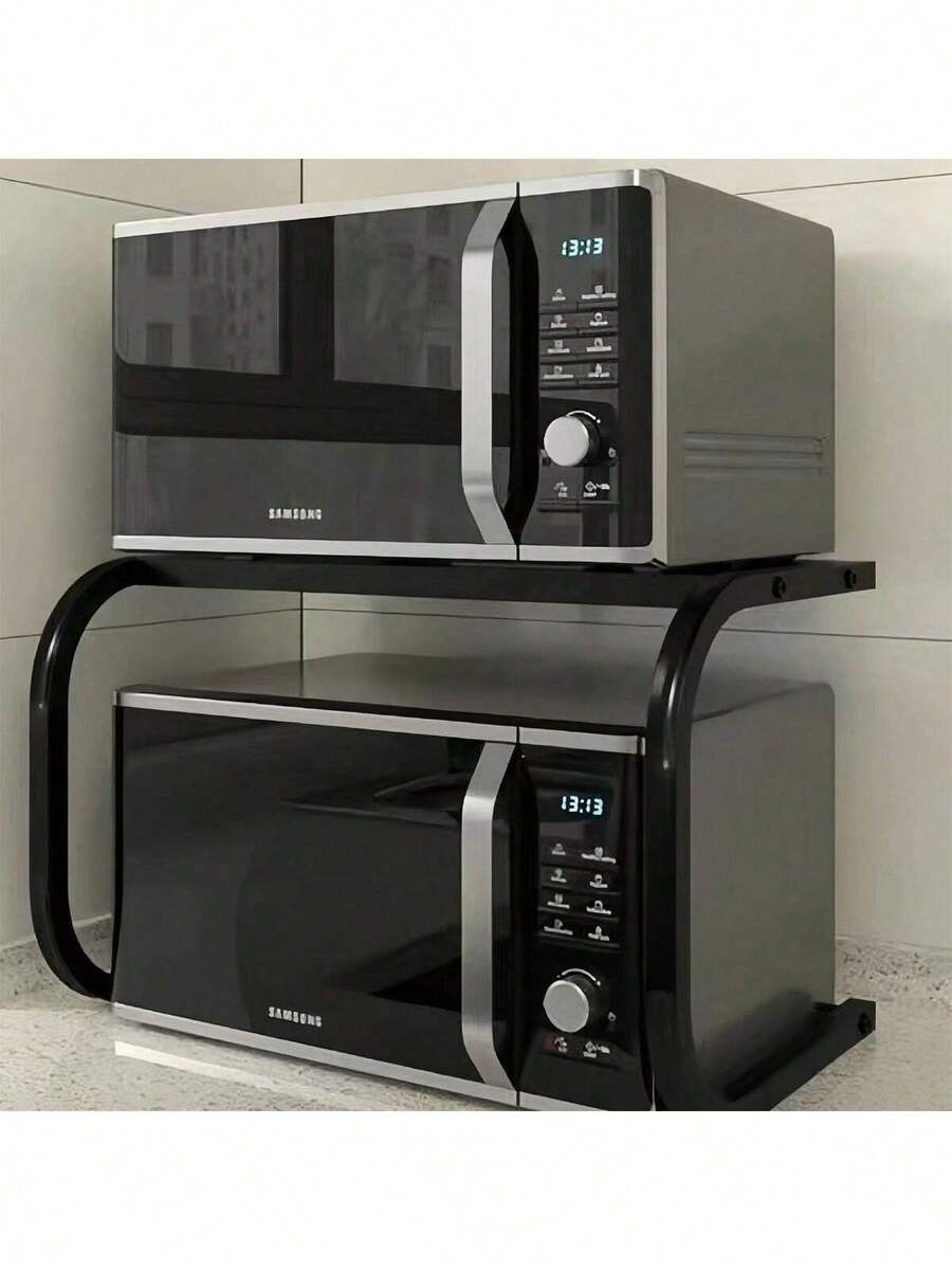 1 pieza Estante de metal de doble nivel espacioso para horno de microondas - Diseño de almacenamiento abierto y elegante, estante de almacenamiento de doble capa en forma de U, adecuado para encimera de cocina | Soporte grueso multifuncional, apto para horno y microondas, estante independiente, para organización de cocina, estante práctico, uso doméstico, horneado