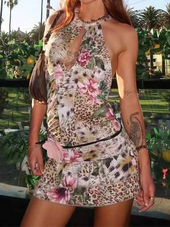 HQ Ladies Summer Clothes, Summer Ladies Island Vacation Style Hot Girl Halter Neck Backless Leopard Print Short Dress Leaf Pattern All Over Print Leopard Print Bohemian Backless Hollow Knot