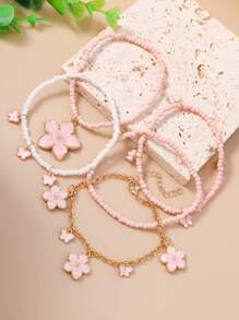 5pcs Set Cute Butterfly Floral Beaded Bracelets For Women, Everyday Wear