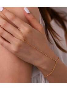 1 Pc Vintage Boho Personalized Plain Circle Beaded Satellite Chain Adjustable Finger Ring Chain Bracelet, Beach Holidays Durable Elegant Daily Accessory For Women