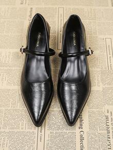 2025 Wiosna/Lato Nowe Francuskie Szpiczaste Czarne Mary Jane Wysokie Obcasy, Pasek Wygodne Grube Obcasy Uniwersalne Stylowe Czółenka - Czarne - Zobacz 8