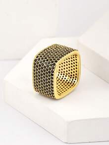 1pc Colorful Zirconia 18K Gold Plated Copper Square Ring, Luxury Jewelry Gift For Women, Friends, Lover, Party - Simple Wide Face Ring - View 9