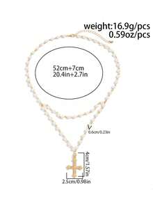 1pc Vintage Cross Pendant & Faux Pearl String Men's Fashionable Versatile Necklace - Silver - View 6