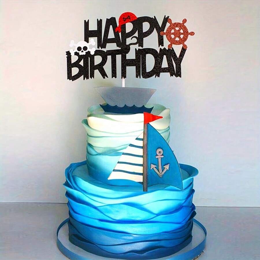 Skull And Rudder Pirate Themed Party Cake Toppers, Pirate Sailing Birthday Party Decorations