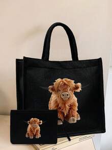 Yak Print Black Linen Handbag, Large Capacity Cosmetic Bag With Hand Strap, Black Linen Coin Purse, Black Square Shopping Bag, Women's Linen Large Capacity Tote Bag, Handbag And Cosmetic Bag Set, With Pattern Print Design, Suitable For Women, Is The Best Choice For Daily Leisure, Travel And Outdoor, Or A Thoughtful Gift For Family, Friends, And Artistic Style And Artistic Workers. Birthday Gifts, Teacher's Day Gifts, Mother's Day Gifts. - Black - View 9