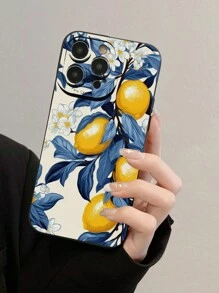 1 pieza Funda transparente reforzada y a prueba de caídas para teléfono con borde recto y perforado, estampado floral y de árbol de limón colorido