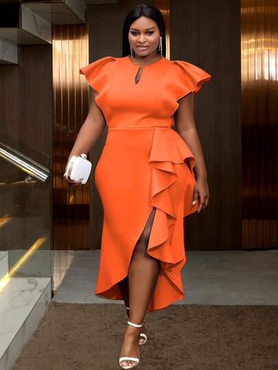 Plus Size Orange Easter Bride Fashion Short Sleeve Slit Ruffle Hem Graduation Dress, Suitable For Wedding, Wedding Guest, Bridal Shower, Bachelorette Party, Vacation, Birthday, Graduation Ceremony, Formal Dinner, Homecoming And Other Occasions