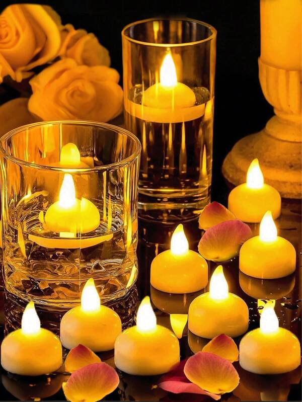 12pcs- Luxury Floating LED Candle Light, Waterproof Flameless Tea Light Suitable For Wedding, Party, Restaurant, Swimming Pool, Spa, Decorating And Creating Romantic Atmosphere (Battery Included)[Lights On When Meet Water]Instructions: It Cannot Work Without Water.