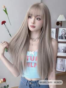 NAMM 女式超长浅灰色假发，合成直发，刘海整齐，柔软耐热灰棕色假发，适合女孩日常派对角色扮演万圣节使用，30 英寸 - 淺灰色 - 查看 3