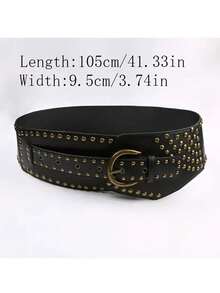1pc Women's Black Punk Style Rivet Buckle PU Belt, Fashionable Street Wear Accessory Summer, School Fall, Autumn, Halloween - Brown - View 3