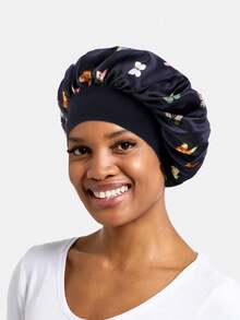 Butterfly Print Hair Bonnet Silk Bonnet Satin Bonnet - Black - View 4
