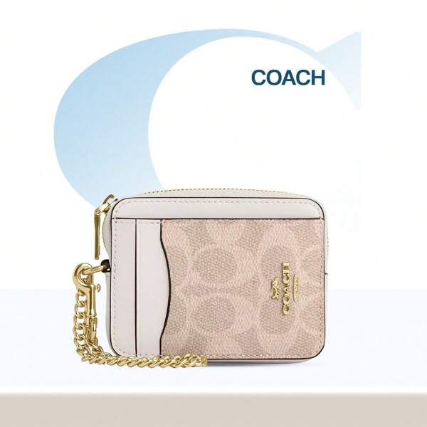 Coach Women's Coin Case Zip Card Case With Chain Wrist Strap Short Card Holder Mini Wallet In Signature Canvas,Purse Gift For Women Purse And Bags Women Bag CW883