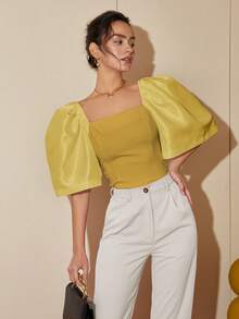 Modern Filipiniana Women's Casual Solid Color Puff Sleeve Square Neck Blouse, Summer Outfits For Women Crop Tops Business Casual - Mustard Yellow - View 1