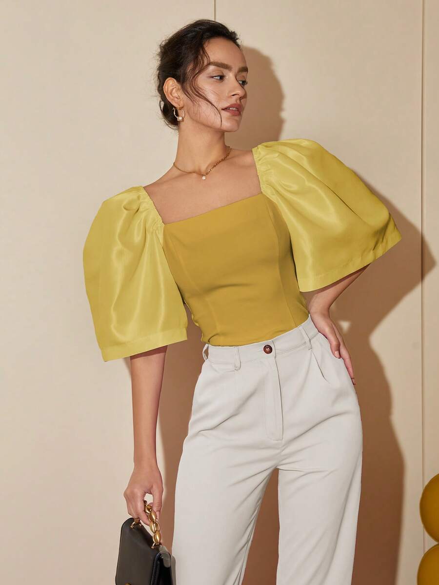 Modern Filipiniana Women's Casual Solid Color Puff Sleeve Square Neck Blouse, Summer Outfits For Women Crop Tops Business Casual - Mustard Yellow - View 1