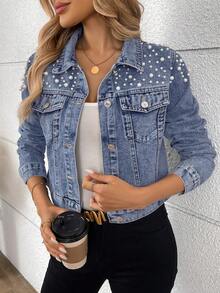 Women's Fashion Denim Jacket With Pearl Decor - Blue - View 3