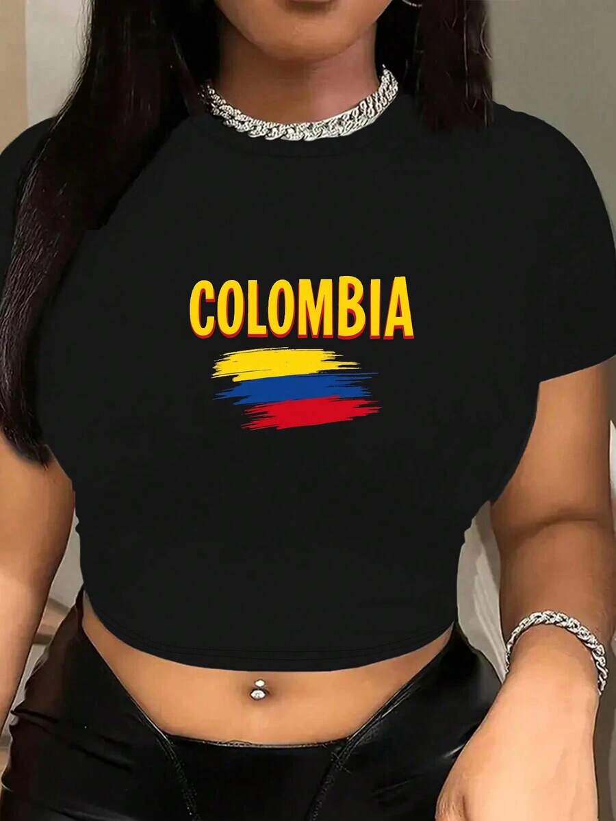 Colombia Pride Flag Crop Tee Retro Graphic Street Top - Black - View 1