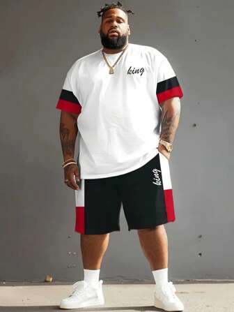 Plus Size Men's King Letter Print Round Neck Short Sleeve Outfit - Red & White Patchwork Drawstring Shorts & T-Shirt Sport Set, Breathable Outdoor Wear