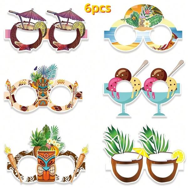 6 Stück Hawaii Papier Brillen Strand Party Deko Cartoon Brillenrahmen, Sommer Party Brillen Dekoration, Party Geschenke