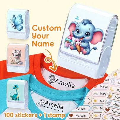 LICVIC 1개 스탬프+100 이름 스티커- 의류 방수 신학기 용품용 맞춤 이름 스탬프, 의류용 이름 스탬프 맞춤 제작, 손글씨 서명 스탬프, 의류용 맞춤 의류 스탬프, 신학기 용품 학생 문구 선물 사업용 DIY 맞춤 카툰 자동 날인 이름 도장