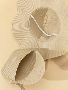 2pcs/Set Women Khaki Wavy Sun Hat & Crossbody Straw Woven Tote Bag, Suitable For Beach Vacation Travel - Beige - View 4