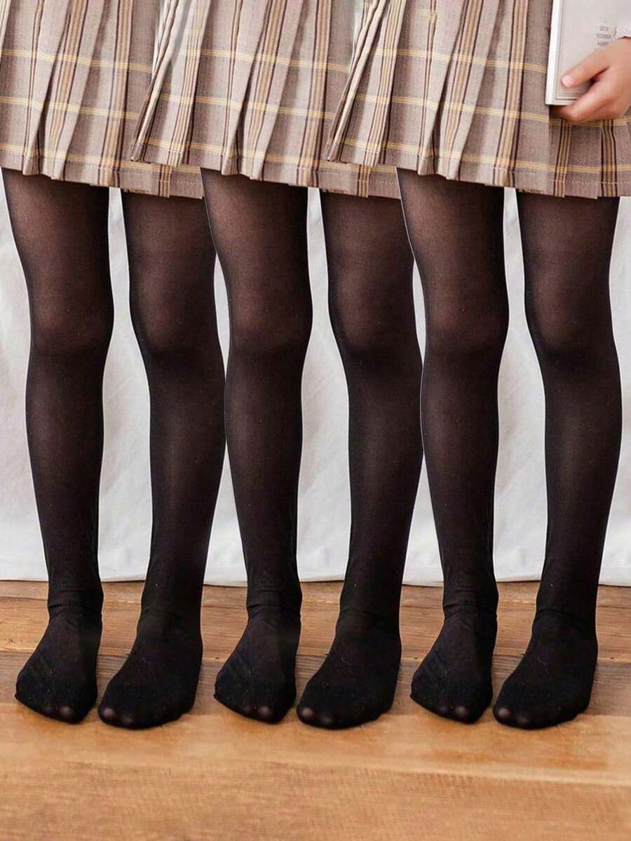 3 Pairs Girls Solid Color Tights, Lightweight Breathable Soft & Comfortable, Versatile For Everyday Wear Or Princess Dress - Black - View 1