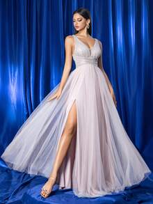 Kexmon Deep V-Neck Pearl Embroidered Mesh Spaghetti Strap Elegant Dress, Romantic Bridesmaid Gown For Wedding, Party, Prom, Formal Evening, For Wedding Guest - Dusty Pink - View 1