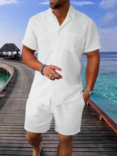 Conjunto de 2 peças de camisa e shorts de manga curta casual masculino de verão