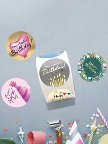 500pcs/Roll Happy Birthday Graffiti Stickers, 1 Inch Round, 6 Patterns Include Candle, Balloon, Flag, Ideal For Birthday Party, Gift Wrapping, DIY Decoration, PVC Waterproof Stickers - Multicolor - View 4