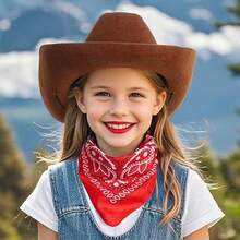2 Pcs Western Cowboy Costume Set Including Cowgirl Hat And Bandana ,Cowboy Cowgirl Hat For Boys And Girls Classic Roll Up Brim Fedora Cowgirl Hat Western Cowboy Hat,Suitable For  Festival Dress - Màu nâu Sô-cô-la - Xem 3