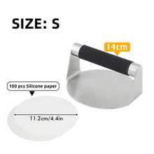 1 套不锈钢 14 厘米/16 厘米直径圆形汉堡肉饼压榨机，含 100 张烘焙纸，不粘汉堡肉压榨机，烧烤工具，便捷厨房小工具，易于清洁