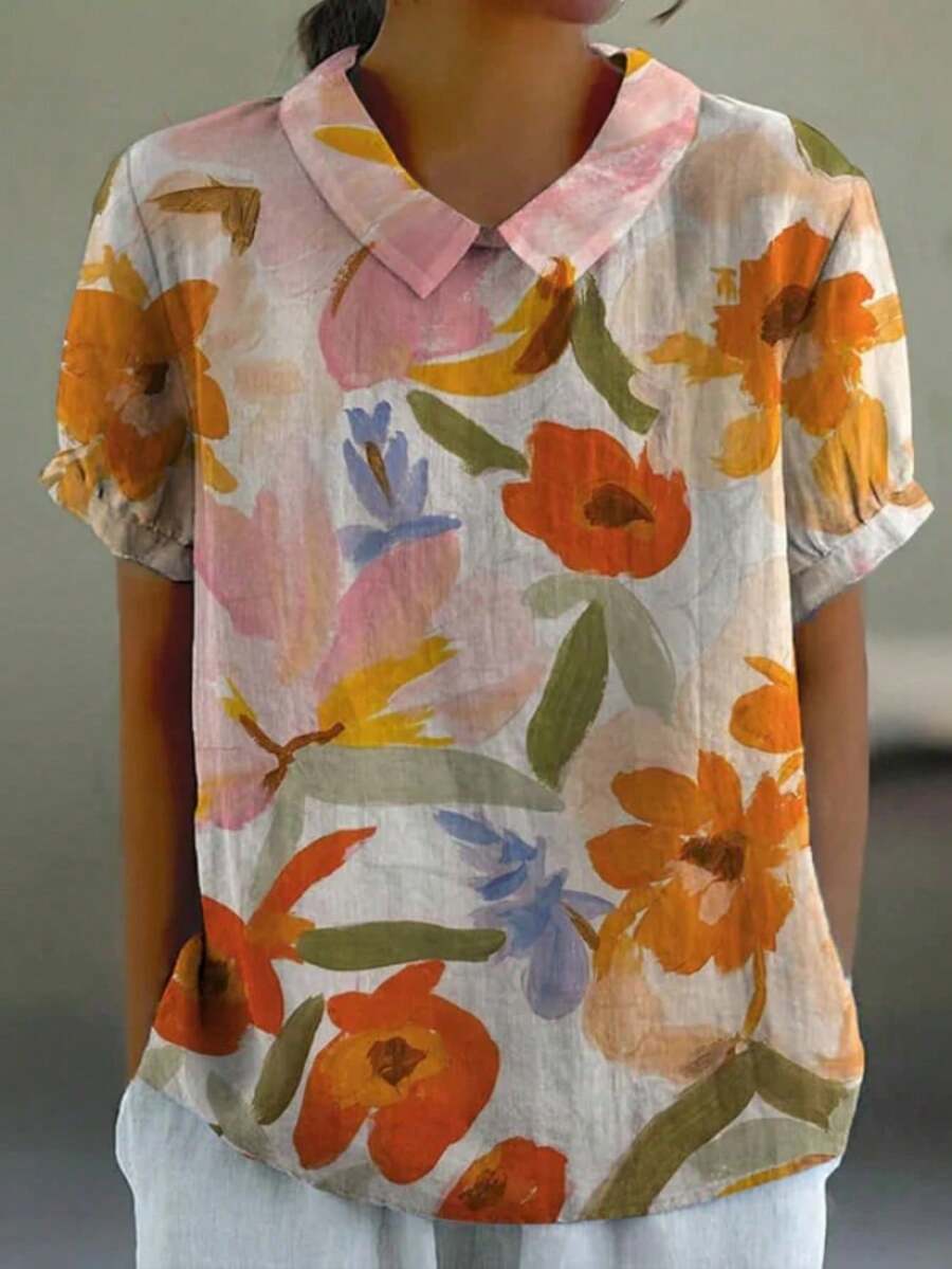 Plus Size Women Floral Woven Button-Up Blouse With Collar, Short Sleeves And Handy Pocket, Vintage Boho Summer Top - Multicolor - View 1