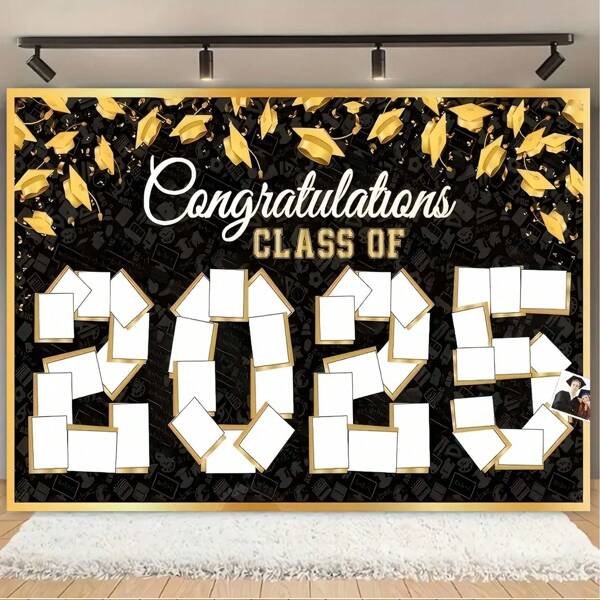 1PC DIY Graduation Party Congratulations Background Banner, 2025 Graduation Photo Banner, Black Personalized 2025 Graduation Season Background Hanging Cloth, New Multi Functional Polyester Decorative Tapestry, Suitable For University Graduation Photo Banner, Celebration Graduation Season Party Decoration Supplies, Photography Background Banner, No Power Supply Required.