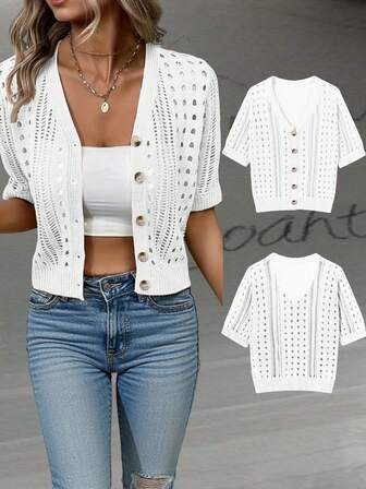 Cárdigan de punto de manga corta informal para mujer de talla grande, verano