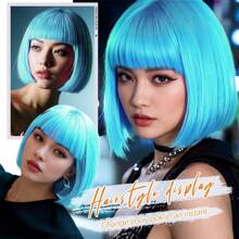 Blue Wig, Short Bob Wig With Bangs, Basic Style, Suitable For Cosplay Wear