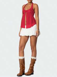 Womens Y2K Sequin Cami Tops Sexy Sparkle Lace Up Crop Top Tie Up Halter Scoop Neck Straps Tank Top - 紅色 - 查看 5