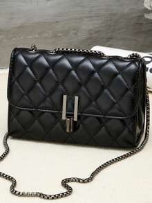 Dedoo Túi đeo vai nữ thanh lịch, có dây xích, túi đeo chéo bằng da PU chần bông, túi đeo chéo tối giản sang trọng, khóa kéo, họa tiết kẻ caro, có thể giặt máy - lớp lót bằng polyester. - màu đen - Xem 7