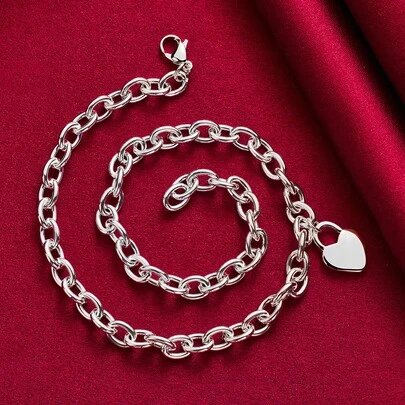 925纯银镀层心形锁吊坠项链，女士婚礼订婚时尚首饰