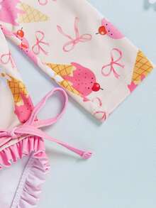 Baby Girl Swimsuit Long Sleeve Strawberry/Ice Cream Bathing Suit With Hat Infant Toddler Rashguard Swimwear Sunsuit - Yellow - View 4