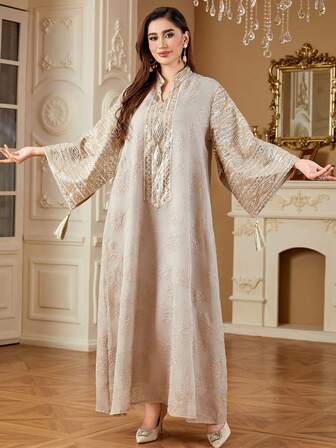 SISKAKIA Fashion Modest Woman Costume Plant Sequin Arabic Dress Woman Tassel Party Holiday Elegant Long Dress