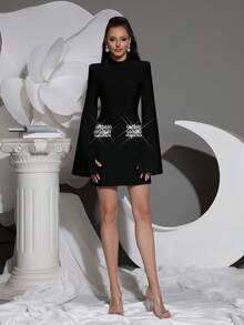 1pc Elegant Bandage Embellished Solid Color Knitted Formal Party Dress, Sexy & Glamorous, Crystal Decor, Suitable For Wedding, Birthday, Graduation, Summer Long Sleeve, For Cocktail - Black - View 7