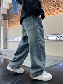 1 pieza Pantalón de mezclilla casual recto y elástico para niño preadolescente, estilo básico de primavera y otoño