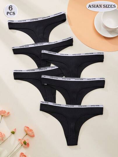 6 peças Calcinha fio dental de algodão cintura baixa, com elástico, macia, confortável, estilosa, fofa, esportiva, preta, lingerie sexy para mulheres, verão