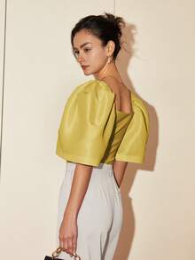 Modern Filipiniana Women's Casual Solid Color Puff Sleeve Square Neck Blouse, Summer Outfits For Women Crop Tops Business Casual - Mustard Yellow - View 2
