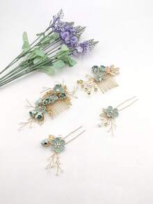 4件套仿碎花金属发夹和侧梳，适合日常佩戴、发饰、婚礼、新娘发型、头部配饰 - 珊瑚粉 - 查看 7